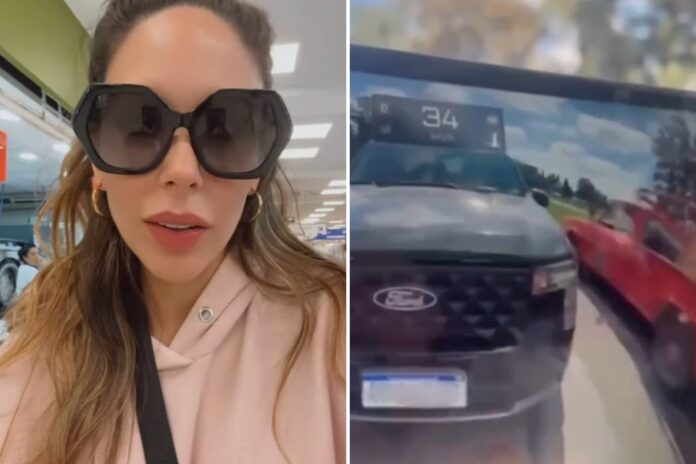 Fotografía de Barby Franco o imagen referencial de un Tesla Cyberbeast en una ruta.