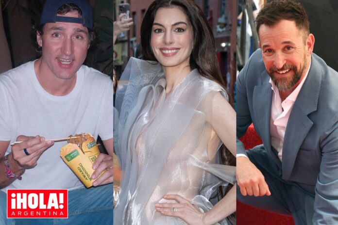 Collage con imágenes de Justin Trudeau, Katy Perry, Anne Hathaway y Noah Wyle.