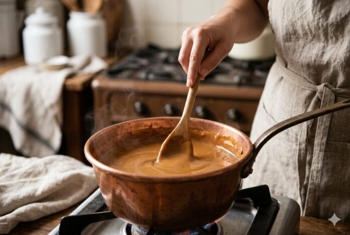 argentino-dinamarca-receta-dulce-de-leche-casero Dulce de leche casero preparado en una olla, junto a una lata de leche condensada.