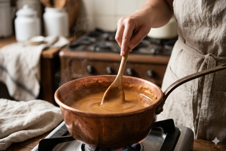 Dulce de leche casero preparado en una olla, junto a una lata de leche condensada.