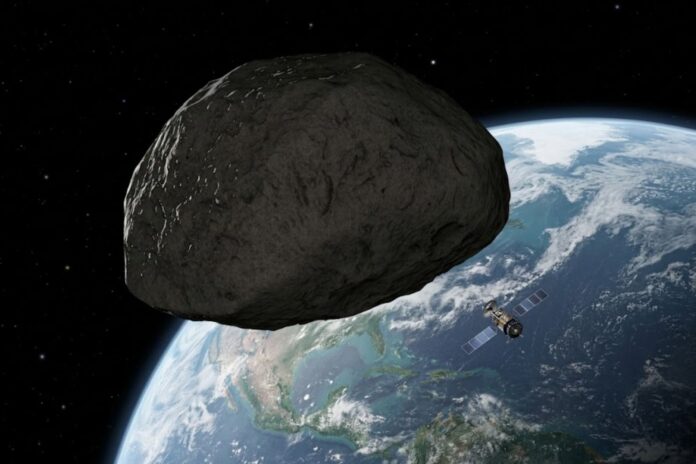asteroide-apophis-acercamiento-tierra-2029-oportunidad-cientifica Ilustración artística del asteroide Apophis aproximándose a la Tierra en el espacio.