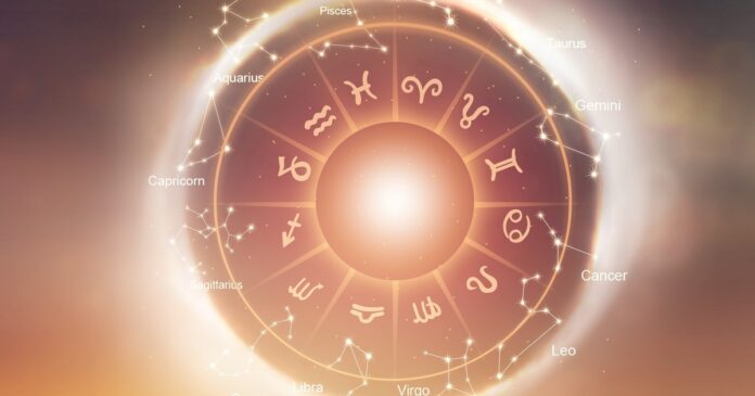 astrologia-rasgos-personalidad-confianza-signos-zodiacales Ilustración de los doce signos del zodiaco dispuestos en un círculo.