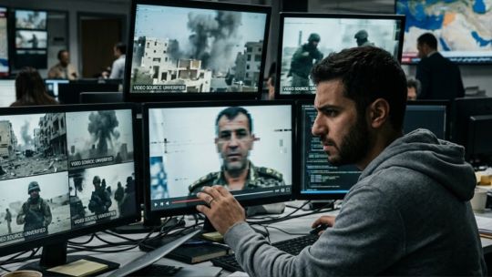 Ilustración conceptual de un teléfono móvil mostrando un video con un sello de 'fake' superpuesto, representando la desinformación por deepfakes.