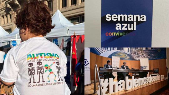 Grupo diverso de personas participando en una actividad durante la Semana Azul de concientización sobre el autismo.