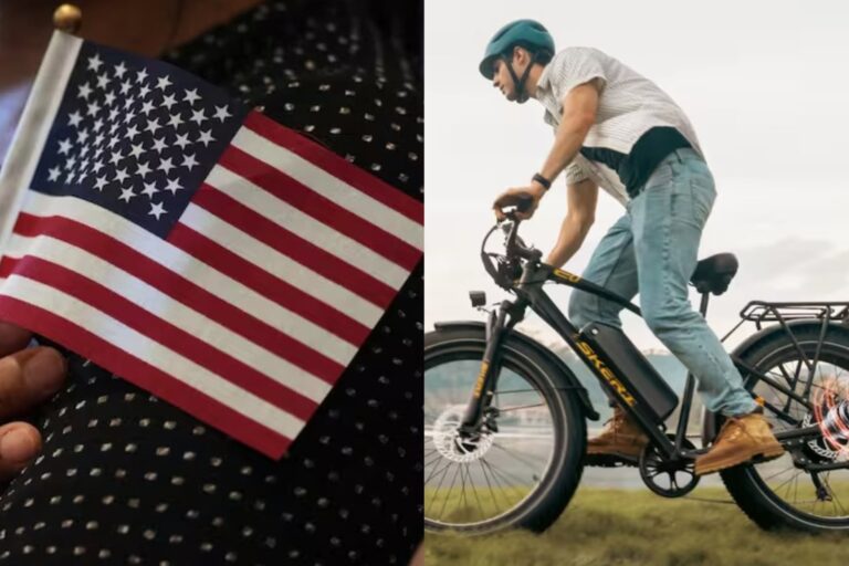 Bicicleta eléctrica con una placa de registro en la parte trasera, en una calle de California.