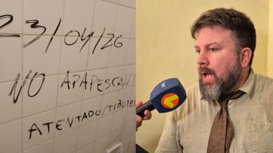 Ilustración de una escuela con un símbolo de justicia al frente, representando la investigación judicial en curso.