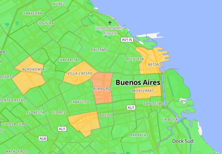 Mapa esquemático del Área Metropolitana de Buenos Aires (AMBA) con zonas destacadas afectadas por cortes de energía.