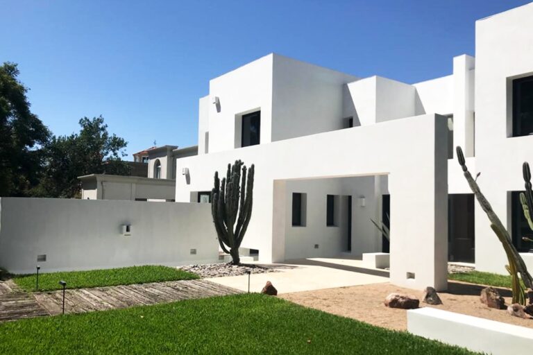 Profesional pintando la fachada de una casa con rodillo, junto a tarros de pintura.