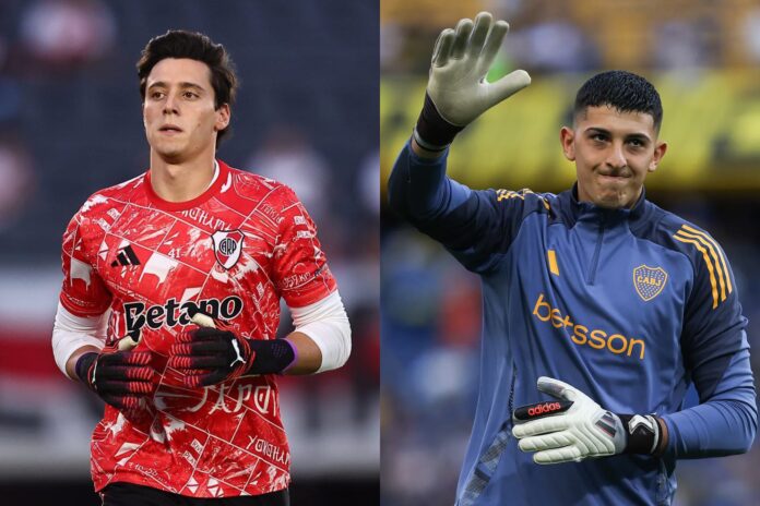Leandro Brey de Boca Juniors y Santiago Beltrán de River Plate, arqueros que debutarán en el Superclásico.