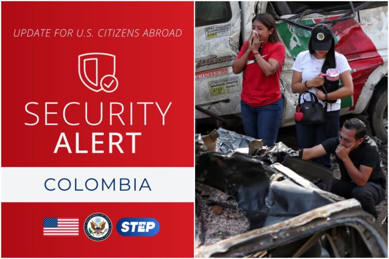 Mapa de Colombia con zonas de alerta de viaje indicadas por Estados Unidos