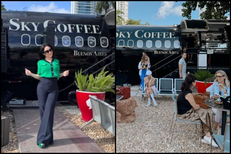 Exterior del avión que alberga el café Sky Coffee Buenos Aires, ubicado entre edificios en el centro de Miami.