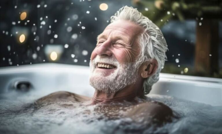 Persona mayor realizando su higiene personal en el baño, representando el cuidado de la piel en la tercera edad.