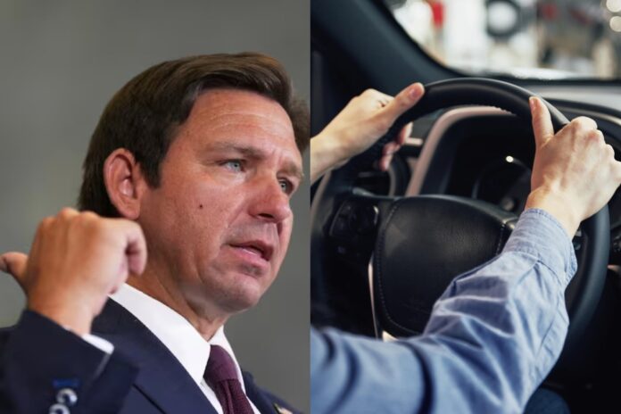 florida-multa-usar-celular-conducir-ley-desantis Ilustración de una mano sosteniendo un celular frente al volante de un auto, con señal de prohibido superpuesta.