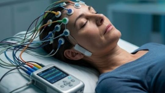 indice-edad-cerebral-sueno-predice-riesgo-demencia Gráfico de ondas cerebrales durante el sueño junto a un médico analizando datos de electroencefalografía.