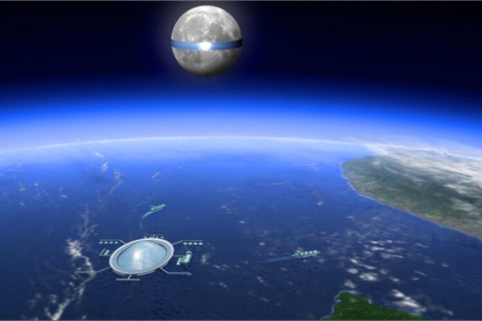 Representación artística del Luna Ring, un cinturón de paneles solares alrededor del ecuador de la Luna