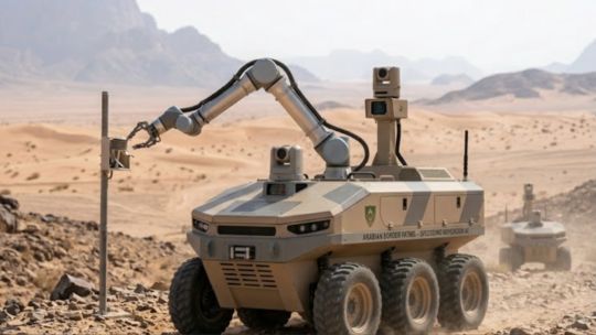 Unidad robótica terrestre de patrulla en un entorno desértico, representando la tecnología de vigilancia fronteriza.