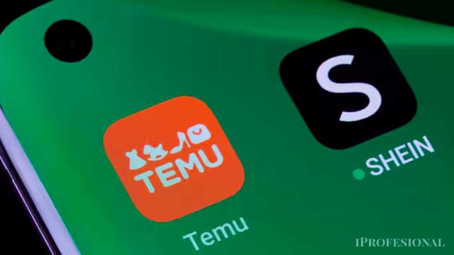 Ilustración de un celular mostrando las apps de Mercado Pago, Shein y Temu, con iconos de pagos y envíos internacionales.