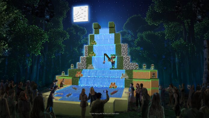 Ilustración del evento Moonlight Trail de Minecraft en Ciudad Universitaria, Buenos Aires, mostrando biomas y personajes del juego.