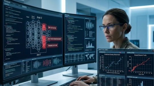 Representación gráfica de un algoritmo de inteligencia artificial sobre un mapa táctico de Medio Oriente.