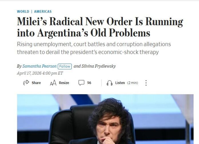 Portada del artículo de The Wall Street Journal sobre la economía argentina y el gobierno de Javier Milei