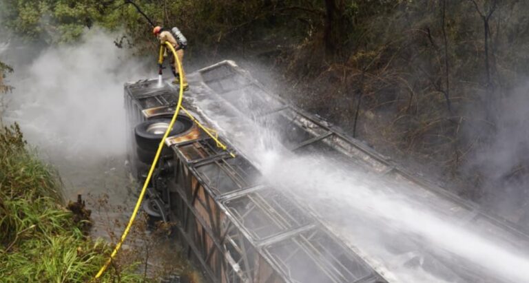 Operativo de bomberos y rescatistas en el lugar del accidente de un colectivo en una ruta de montaña en Ecuador.