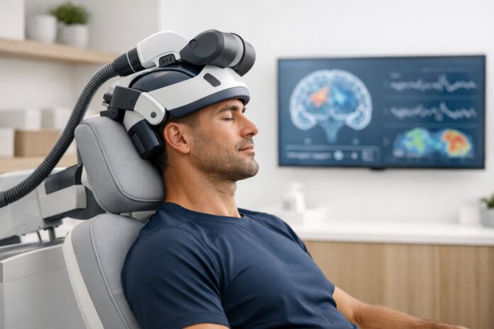 biohacking-optimizar-cerebro-atleta-elite Persona recibiendo estimulación magnética transcraneal en un entorno clínico