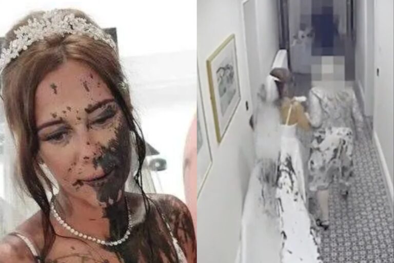 Mujer arruina vestido de novia con pintura negra en registro civil