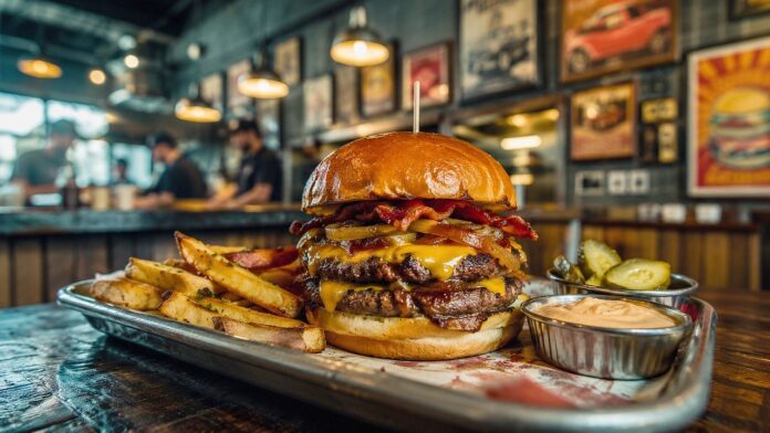 Hamburguesa con papas fritas en una mesa