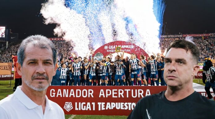 Franco Navarro y Pablo Guede celebrando el título de Alianza Lima en el Torneo Apertura