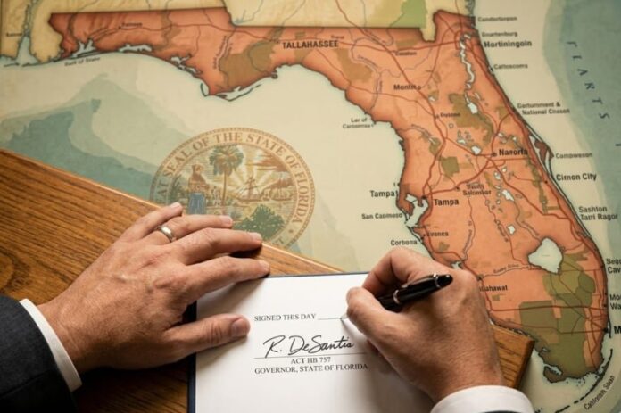 ron-desantis-promulgo-ley-hb-757-seguridad-escuelas-universidades-florida Ron DeSantis firmando la ley HB 757 durante el Commissioner's Summit en Florida