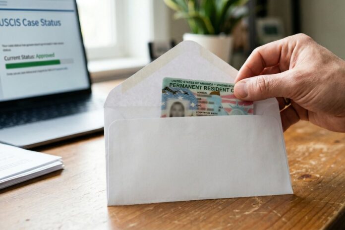 persona sosteniendo una green card de Estados Unidos