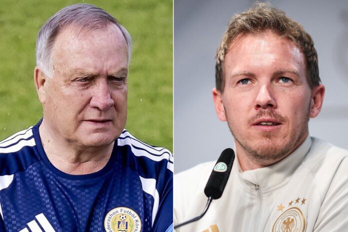 Julian Nagelsmann y Dick Advocaat en el banco de suplentes durante un partido del Mundial 2026