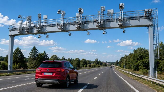 Pórtico con cámaras y sensores del sistema Free Flow en una autopista