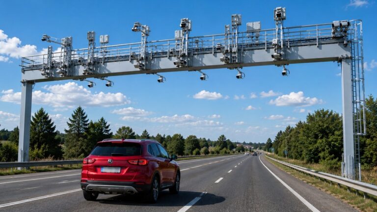 Pórtico con cámaras y sensores del sistema Free Flow en una autopista