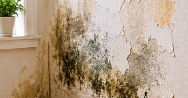 Pared con manchas de humedad y pintura descascarada