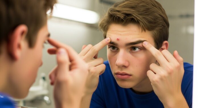 Adolescente aplicándose crema facial frente a un espejo