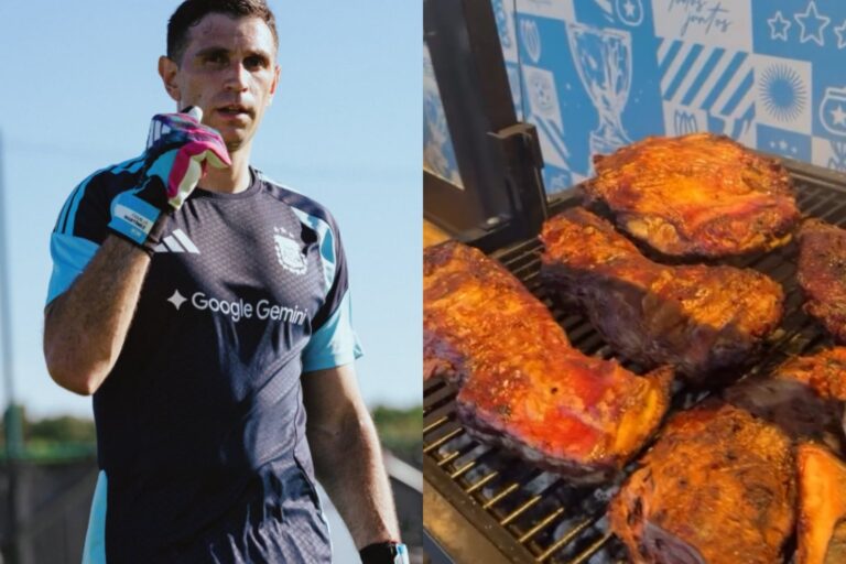 Emiliano Dibu Martínez junto a la parrilla del asado de la selección argentina en Kansas