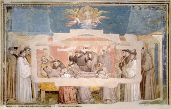 Frescos restaurados de Giotto en la Capilla Bardi de la iglesia de Santa Croce en Florencia