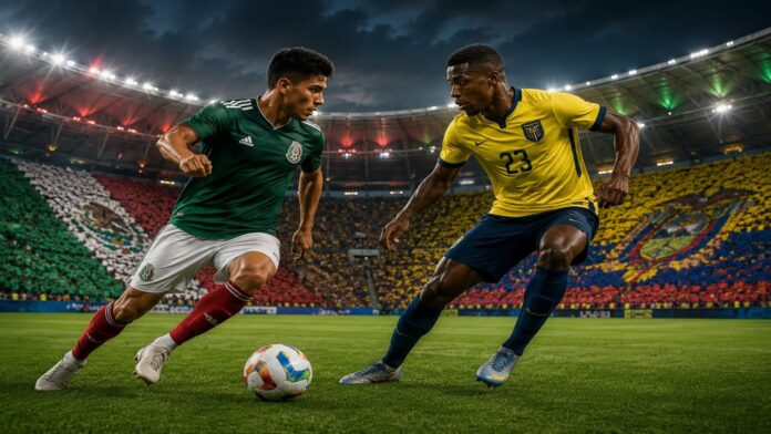 Jugadores de México y Ecuador en partido de fútbol