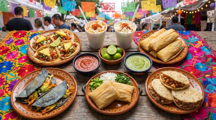 mundial-2026-guia-antojitos-mexicanos-visitantes-extranjeros Platillos de antojitos mexicanos como tacos, quesadillas y tamales en un mercado