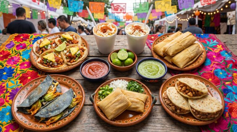 Platillos de antojitos mexicanos como tacos, quesadillas y tamales en un mercado
