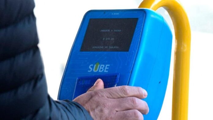 Personas usando tarjeta SUBE y celular para pagar colectivo y subte en Argentina
