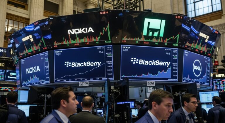 Gráfico de acciones de Nokia, BlackBerry y Dell en alza durante 2026