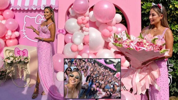 Pamela López en evento La hora López con vestido rosado y seguidoras