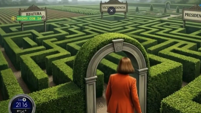 Ilustración generada por inteligencia artificial de Patricia Bullrich frente a un laberinto con tres salidas