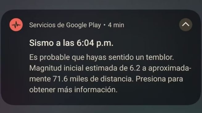 Captura de pantalla de alerta sísmica de Android en Venezuela