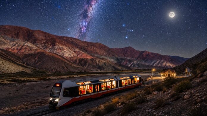 Tren Solar de la Quebrada recorriendo la Quebrada de Humahuaca bajo un cielo estrellado