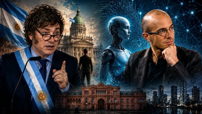 Yuval Noah Harari y Javier Milei en un contexto de debate sobre inteligencia artificial