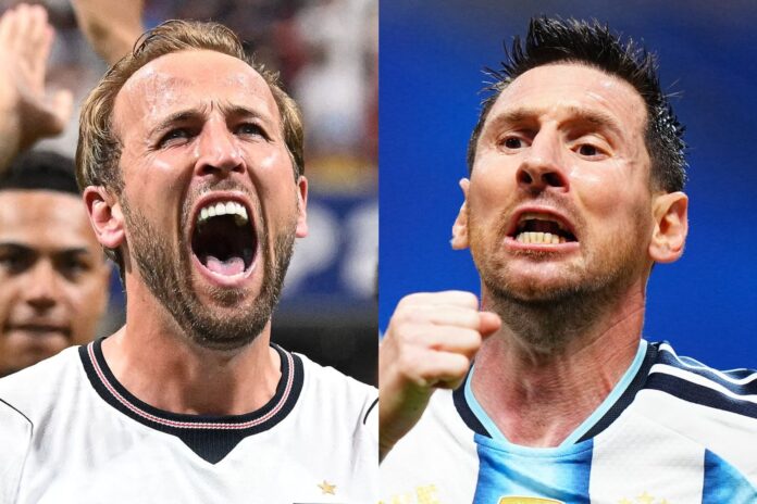 Escudos de las selecciones de Argentina e Inglaterra previo al partido de semifinal del Mundial 2026
