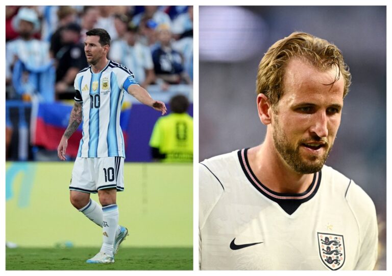 Escudos de Argentina e Inglaterra enfrentados sobre un fondo de estadio de fútbol